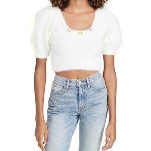 For Love & Lemons Anastasia Cropped Sweater White Faux Mohair Floral Applique